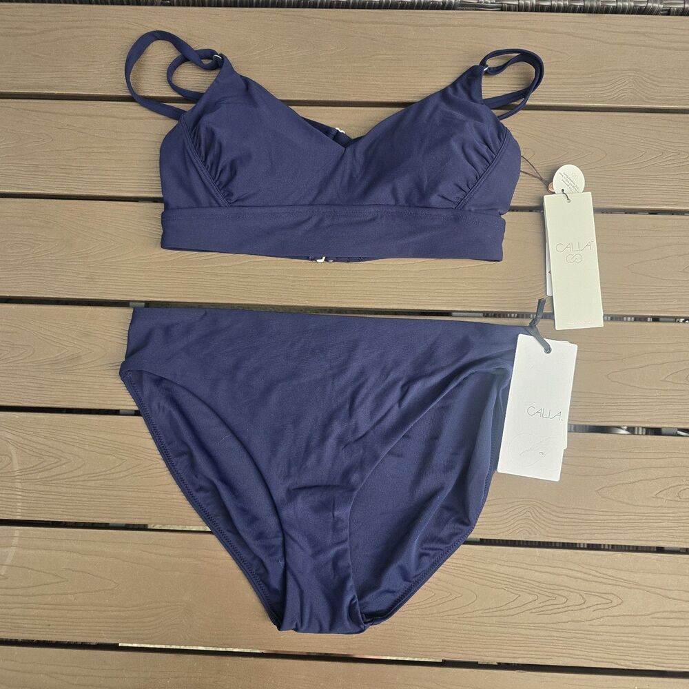 CALIA Women's Opulent Blue Rouched Strappy Back Top & Mid Rise Bikini Sz S New